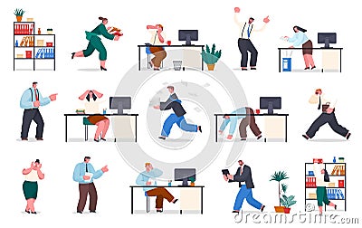 Chaos in office, confused office worker running, paperwork, angry boss, search mistake in document Vector Illustration