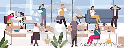 Chaos in office. Work place with stressed, lazy, sleeping or panicing workers and angry boss. Business problem at Vector Illustration