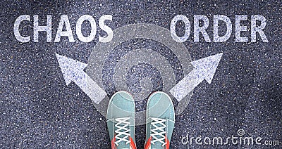 Chaos and order as different choices in life - pictured as words Chaos, order on a road to symbolize making decision and picking Cartoon Illustration