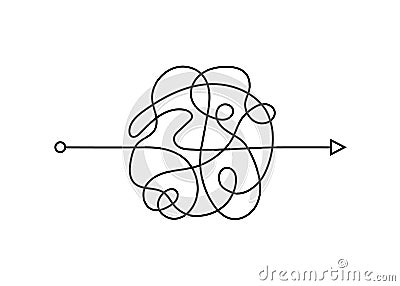 Chaos path with arrow. The process of understanding. Difficult way to solve problems in business. Chaos line. Scribble Vector Illustration