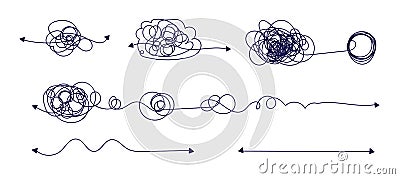 Chaos solving. Tangled lines turn into straight lines as a concept of chaos solving. Tangled and straight lines set. Vector Illustration