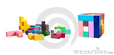 Chaos vs order concept. Multicolored puzzle toy elements and blocks arranged in cube isolated on white background Stock Photo
