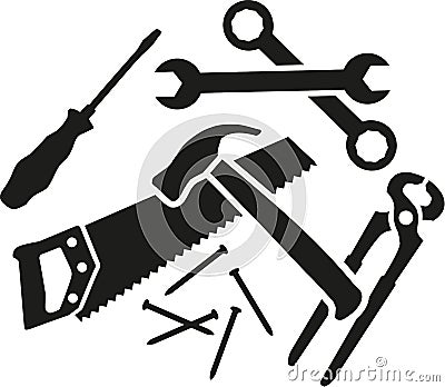 Chaos of working tools - screwdriver, wrench, hammer, saw, plier, nails Vector Illustration