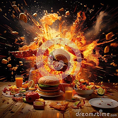 A chaotic burst of greasy fast food indulgence, with burgers, fries, and fried chicken taking center stage. The enticing Stock Photo