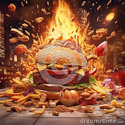 A chaotic burst of greasy fast food indulgence, with burgers, fries, and fried chicken taking center stage. The enticing Stock Photo
