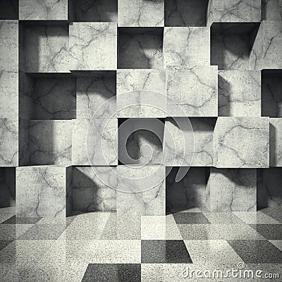 Chaotic concrete cubes blocks wall. Empty dark room interior. Ar Cartoon Illustration