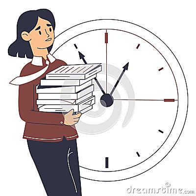 Chaotic deadline office business woman. Stressed, overload anxiety person, busy office workflow flat vector illustration on white Vector Illustration