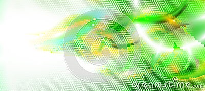 Chaotic green and white abstract background textured by hexagons, unearthly technologies, circle blurred interface with hexs. Cartoon Illustration