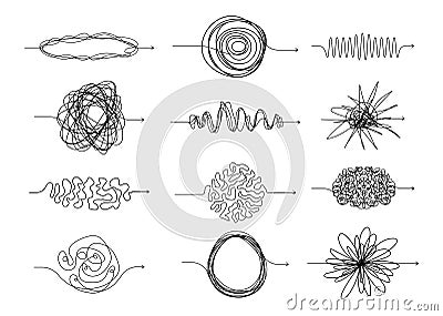 Chaotic line arrows. Doodle chaos simple drawn symbols, confused messy knot tangle scribbled lines. Vector isolated set Vector Illustration