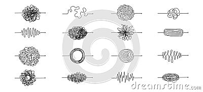 Chaotic line arrows. Doodle chaos simple drawn symbols, confused messy knot tangle scribbled lines. Vector isolated set Vector Illustration