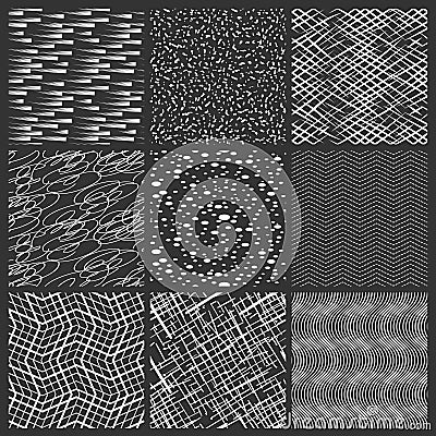 Chaotic lines, spots and brushstrokes black white patterns. Vector abstract simple streep seamless pattern set Vector Illustration