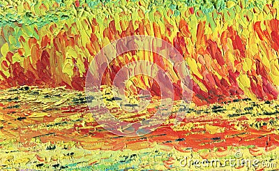 Chaotic stripes in red and yellow tones. Oil painting. Stock Photo