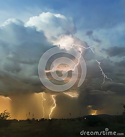 A Chaotic Thundercloud with Lightning Strikes Within Stock Photo