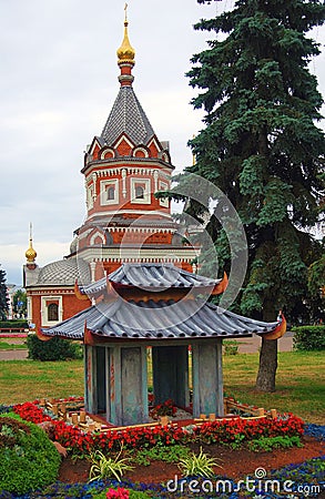 Chapel of Alexander Nevsky and Japanese traditional building model Editorial Stock Photo