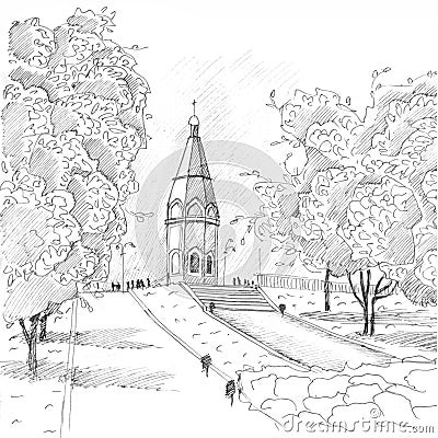 Chapel in Krasnoyarsk black and white Cartoon Illustration