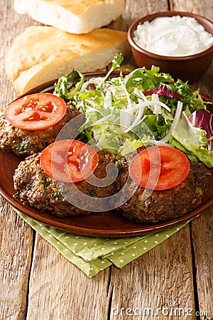 Chapli Kebab or Kabab minced kebab made from ground mutton with various spices in the shape of a patty closeup in the plate. Stock Photo