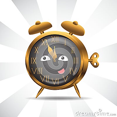 Character alarm clock gold on isolated background. Vector image. Cartoon Vector Illustration