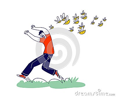 Character is Attacked with Swarm of Wild Bees. Man Escaping from Angry Insects Attack. Danger during Traveling in Nature Vector Illustration