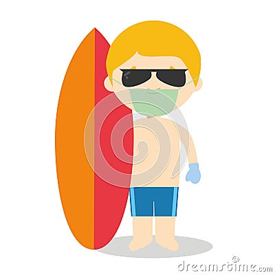Character from Australia dressed in the traditional way as a surfer with his surfboard and with surgical mask and latex gloves Vector Illustration