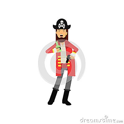 Cartoon flat character of bearded pirate captain holding bottle of rum and flintlock pistol in hands Vector Illustration