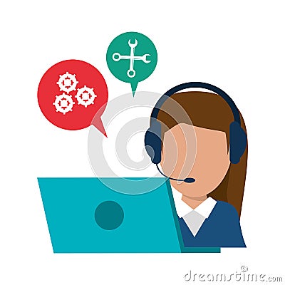 Character call center laptop talking bubble Vector Illustration