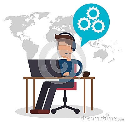 Character call center sitting desk equipment Vector Illustration