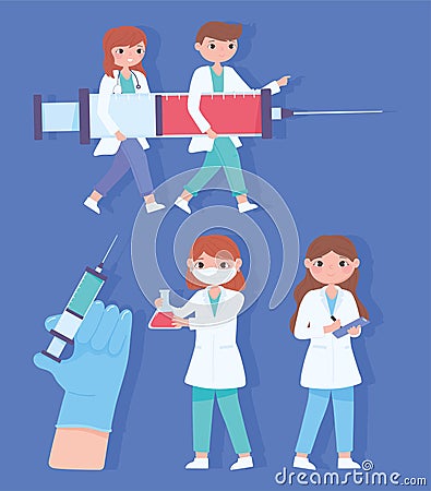 character cartoon doctors vaccine syringe medicine covid 19 Vector Illustration