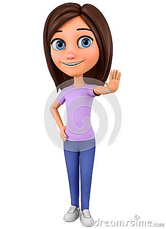 Character cartoon girl shows hand stop on a white background. 3d rendering. Illustration for advertising Stock Photo