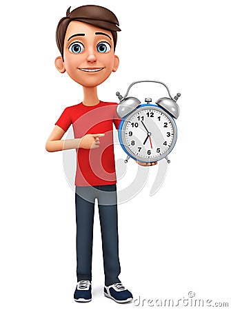 Character cartoon guy points to the clock. 3d rendering. Illustration for advertising Stock Photo