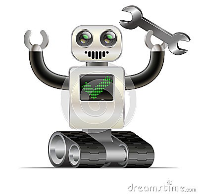 Character cheerful robot on the tracks with a wrench Vector Illustration