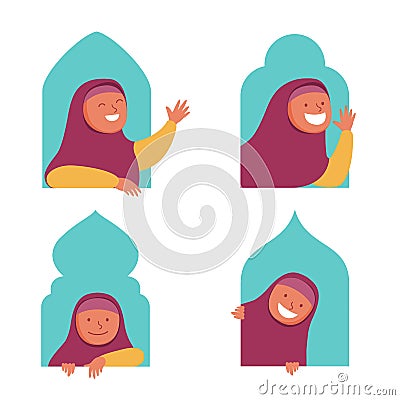 Girl Moslem Flat Character Peeping In The Window Vector Illustration