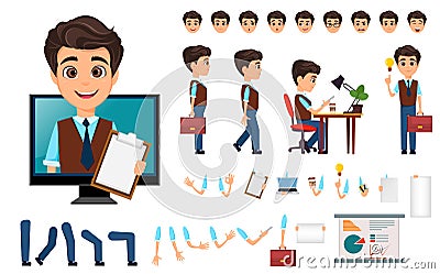 Character creation set. Young business man with various emotions Vector Illustration