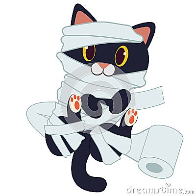 The character of cute black cat as mummy with toilet paper. The character of cute cosplay as mummy in halloween party. The holiday Vector Illustration