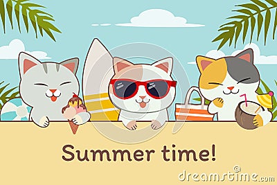 The character of cute cat with friends in the beach party for summer time. The cute cat holding an ice cream and coconut and wear Vector Illustration