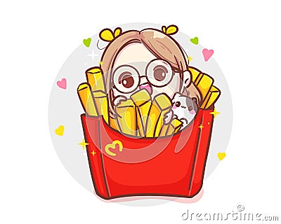 Character of cute girl and delicious french fries box isolated on white background with fast food meal Vector Illustration