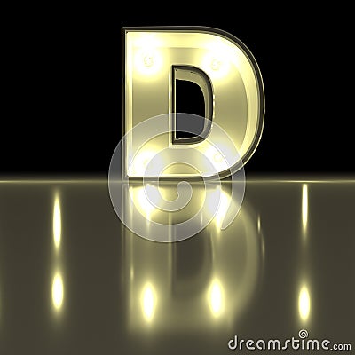 Character D font with reflection. Light bulb glowing letter alph Stock Photo