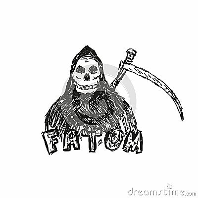 Character Death with scythe and handwritten text Fatum. Sketch, grunge, scribble. Vector illustration. Vector Illustration