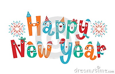 Character Design of Happy New Year Lettering Vector Illustration