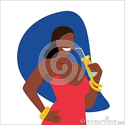 smile woman in a red dress holding drinking bottle Vector Illustration