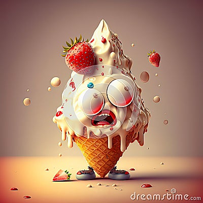 Character Design Melting Ice Cream Cone with Emotional and Expressive Agony Look and a Strawberry on Top Stock Photo