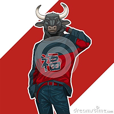 Character design Year of the Ox in street fashion style. Animal zodiac sign character. Happy Chinese New Year. Vector illustration Vector Illustration