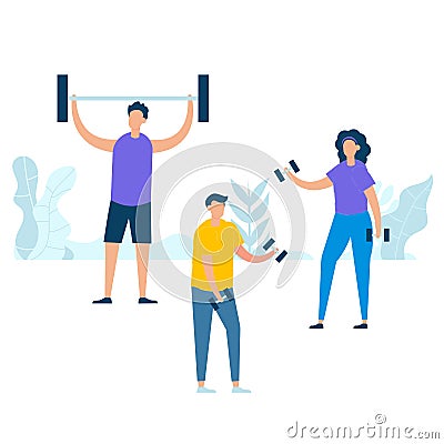Character design of young people group exercising with holding dumbbell and barbell in nature with healthy lifestyle concept. Vector Illustration