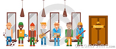 Character with different talents set vector illustration. Men in line at door producer who sponsor their hobby. Guys Vector Illustration