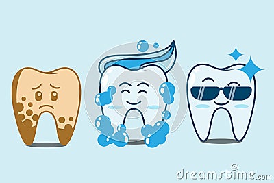 The character of a diseased tooth with plaque gets treatment Vector Illustration
