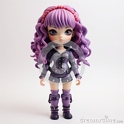 Abigail: A Bold Purple Doll With Vibrant Blue Curly Hair Stock Photo