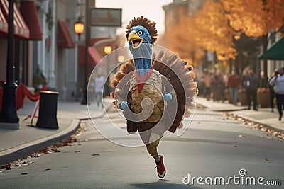 Character dressed as a turkey runs down the street with a marathon. Generative AI Stock Photo