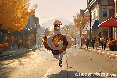 Character dressed as a turkey runs down the street with a marathon. Generative AI Stock Photo