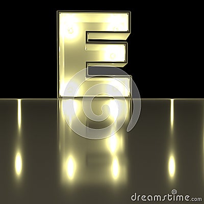 Character E font with reflection. Light bulb glowing letter alph Stock Photo