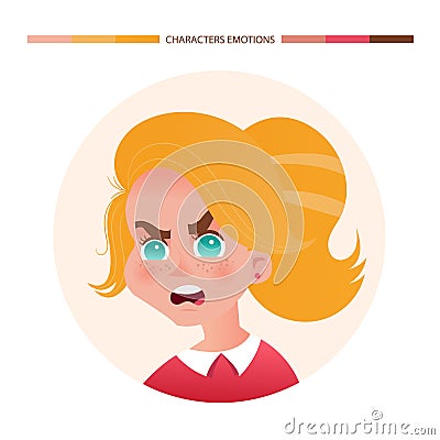 Character emotions avatar angry girl with red hair Vector Illustration