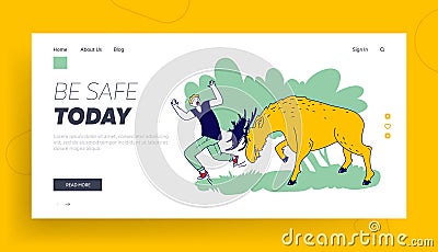 Character Escaping from Angry Horned Moose Landing Page Template. Man Attacked with Wild Danger Animal during Recreation Vector Illustration